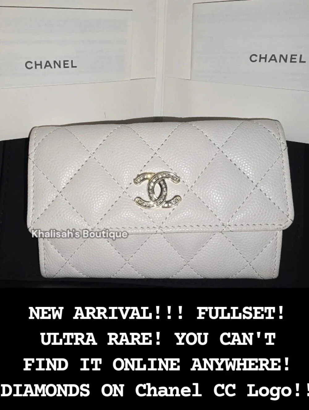Ultra RARE! CHANEL CAVIAR CLASSIC FLAP CC CRYSTAL LOGO WHITE WALLET CARD CASE